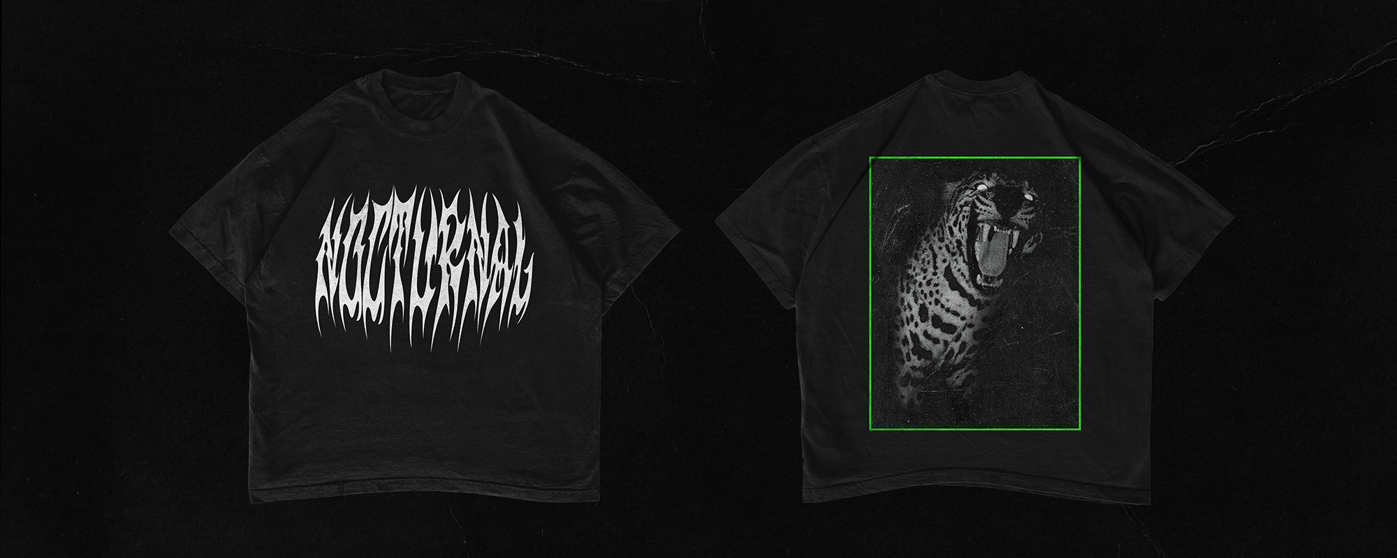 Front and back of ablack t-shirt with white metal style font reading "Nocturnal" on the front, with a glowing eyed jaguar graphic on the back.