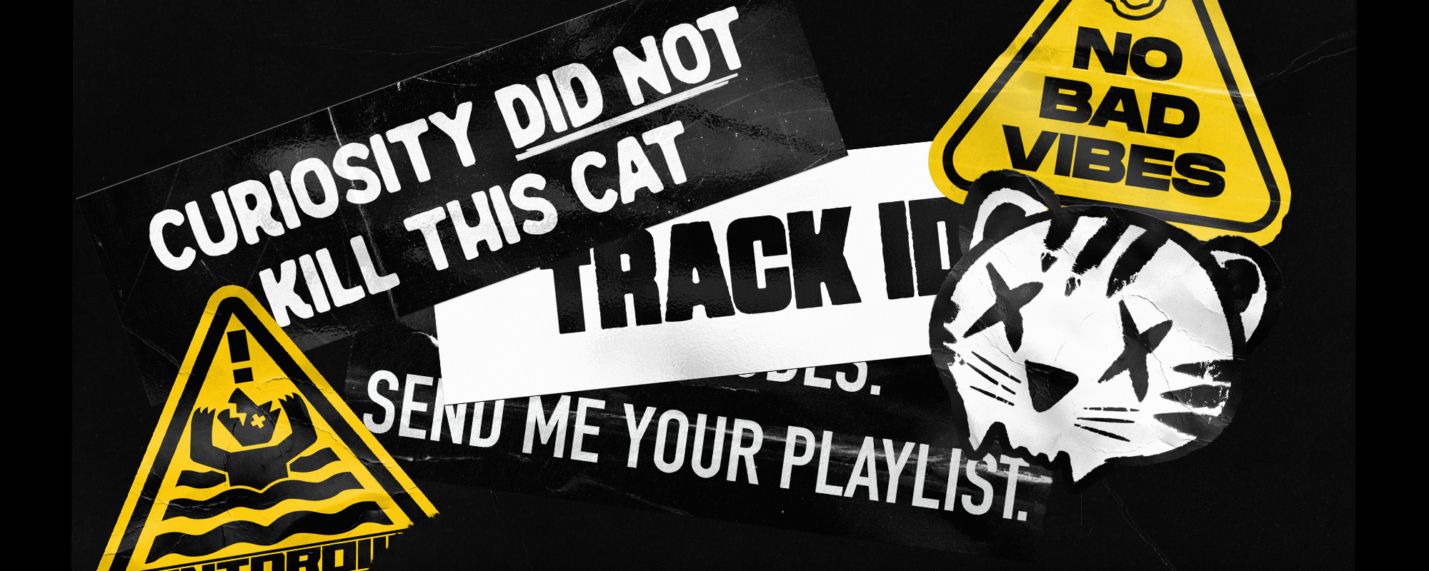 Collection of edgy and caution-themed stickers with text and graphics on a black background.
